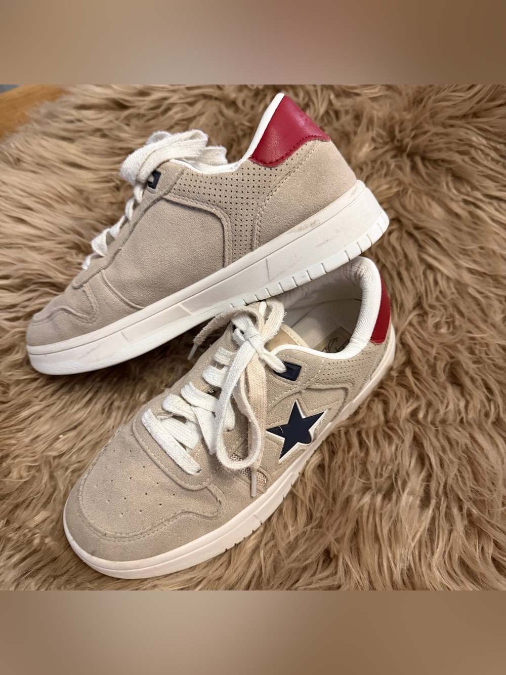 Vintage Havana Beige Suede Sneakers with Navy Star and Red Heel Tab, women’s 7.5